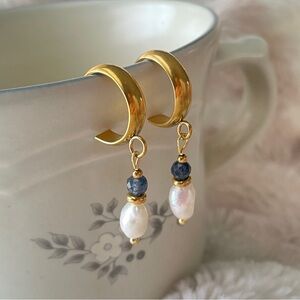 Gold-tone Freshwater Pearl and Sapphire Drop Hoop Earrings